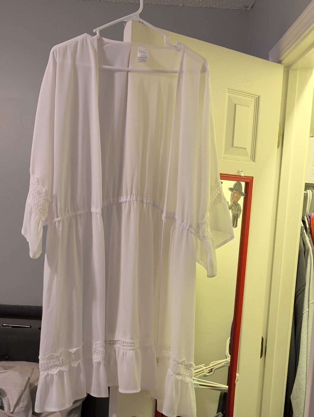 Time and Tru White Sheer Lace-Trim Kimono Coverup